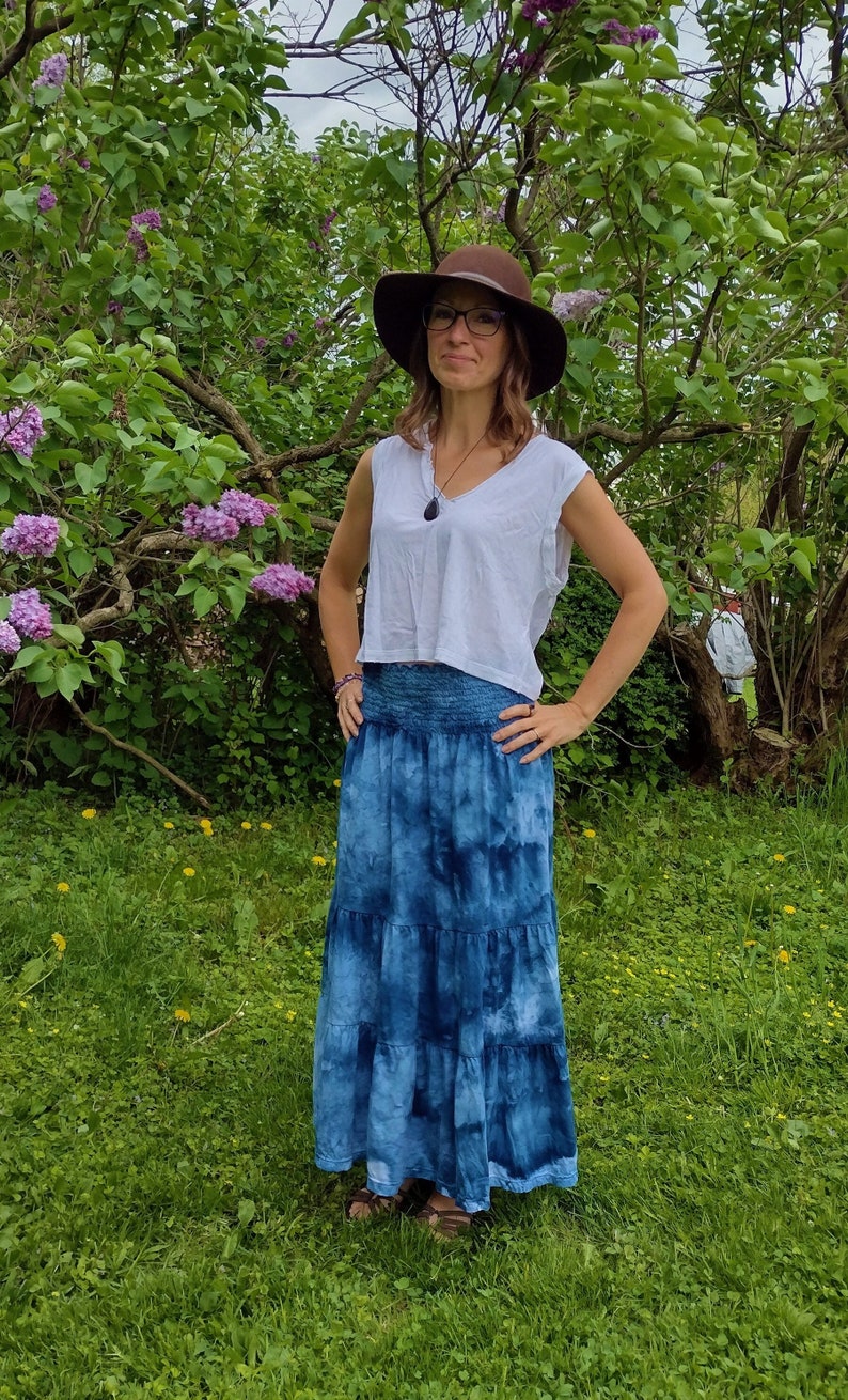 Boho ice dyed twirly cotton maxi skirt smocked dress blue teal purple image 6