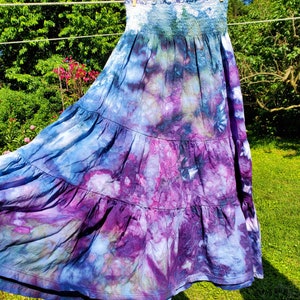 Boho ice dyed twirly cotton maxi skirt smocked dress blue teal purple image 5