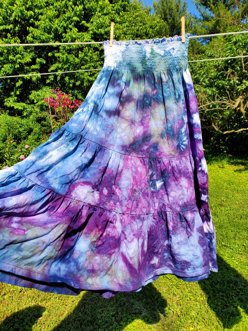 Boho ice dyed twirly cotton maxi skirt smocked dress blue teal purple image 5