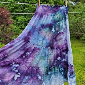 Boho ice dyed twirly cotton maxi skirt smocked dress blue teal purple image 10