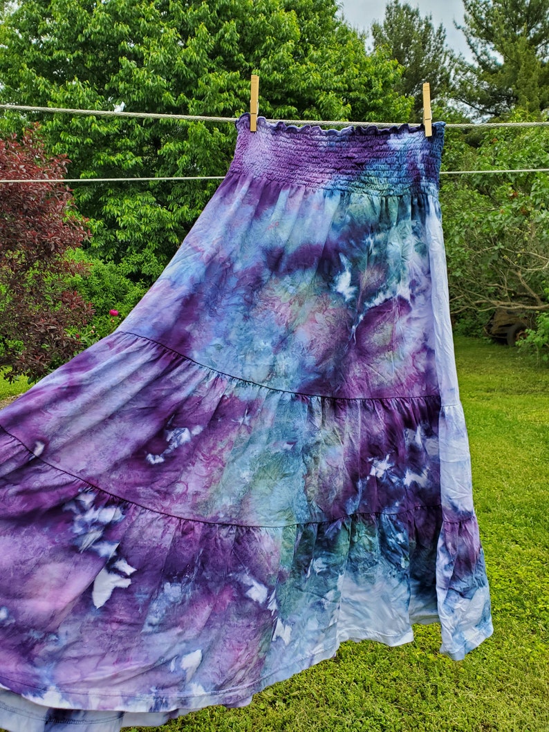 Boho ice dyed twirly cotton maxi skirt smocked dress blue teal purple image 10