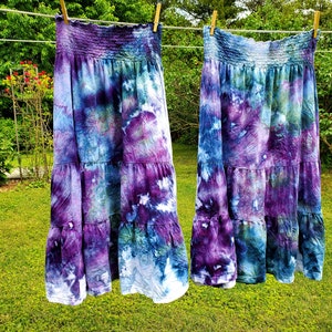Boho ice dyed twirly cotton maxi skirt smocked dress blue teal purple image 4
