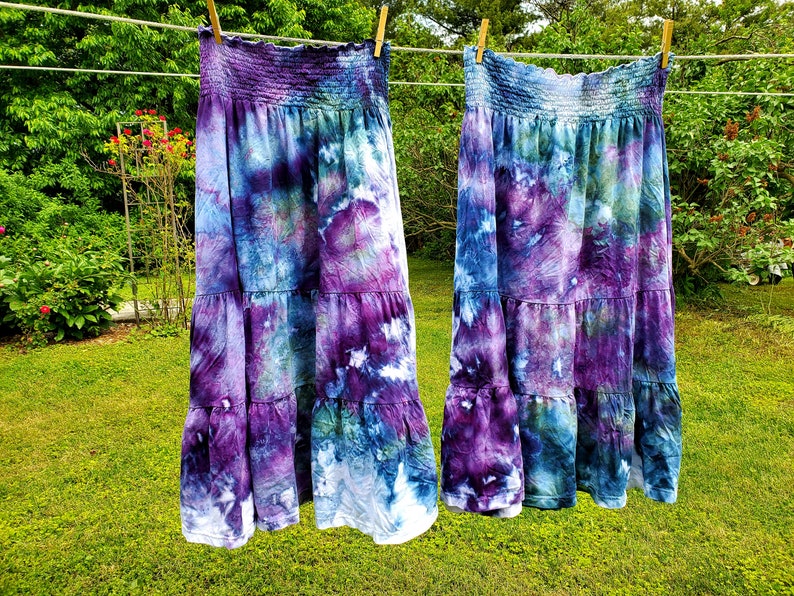 Boho ice dyed twirly cotton maxi skirt smocked dress blue teal purple image 4