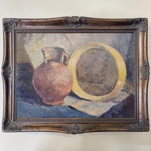 Pintura al óleo Naturaleza muerta Jarra Plato, Estudio de interior impresionista ucraniano