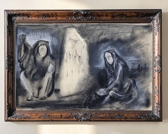 Oryginalny rysunek węglem przy ognisku, dzieło ekspresjonistyczne o charakterze figuratywnym