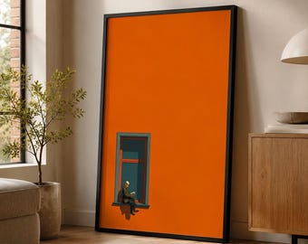 Orangefarbene minimalistische Kunst, ästhetischer, sonniger, bunter Druck, Buchliebhaber Home Dopamin Dekor