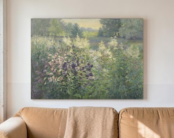 Flower Pond Canvas, Vintage Garden Landscape Art