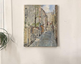 Lienzo de una calle de París, arte mural vintage de una ciudad europea.