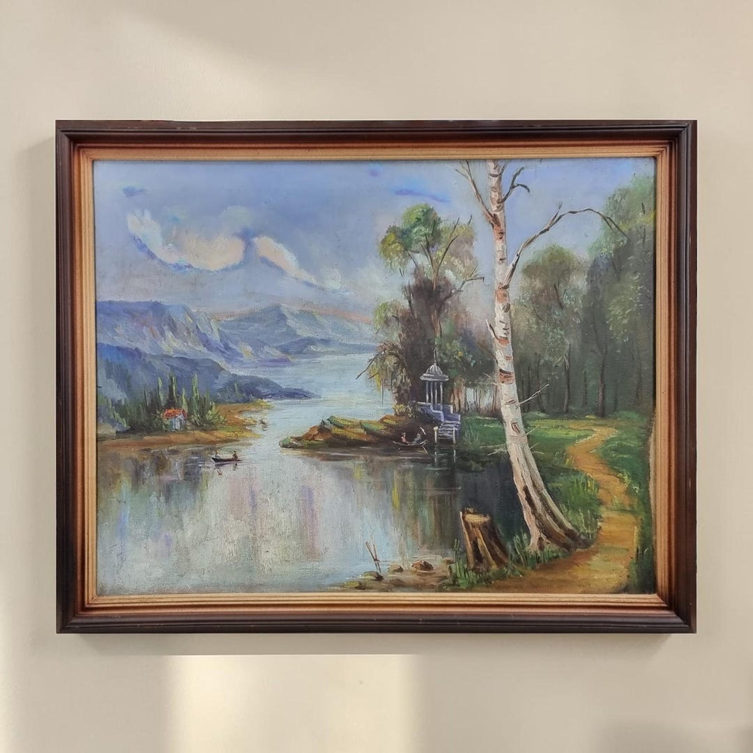 Vintage Oil Painting Lake Landscape With Mountains, Framed Nature Wall ...