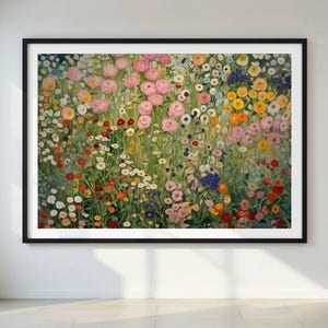 Lámina de jardín floral al estilo Klimt, decoración de pared horizontal de pradera floral rosa