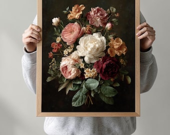 Stimmungsvoller Blumenwand-Kunstdruck, Vintage-Blumenstrauß-Plakat, dunkelromantische Blumenleinwand, antike botanische Malerei