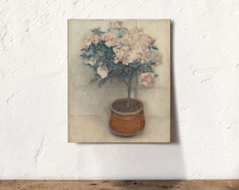 Pink Rose Tree Canvas, Vintage Floral Still Life Art