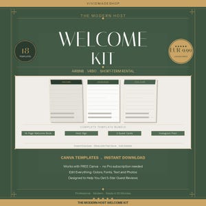 Puede incluir: Un paquete de plantillas digitales de kit de bienvenida para alquileres a corto plazo con fondo verde oscuro y texto blanco. Incluye 18 plantillas, un libro de bienvenida de 14 páginas, letrero de anfitrión, tarjetas de invitado y posts.