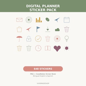 Puede incluir: Un paquete de pegatinas para agenda digital con 648 pegatinas en una cuadrícula de iconos que incluye sobres, gráficos, calendarios, bolsas, banderas, papeleras, paraguas, candados, marcas de verificación, bombillas, relojes, corazones y soles.