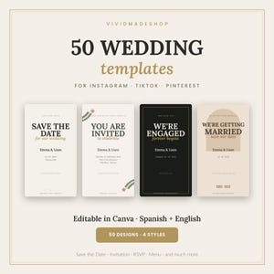 50 Wedding Templates Canva | Wedding Invitation Bundle | Save the Date Menu RSVP | Editable Digital Download (English & Spanish)
