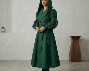 Luxus Smaragdgrün Maxi Style Kapuzenmantel Kleid - Elegantes Damen Winter Outfit