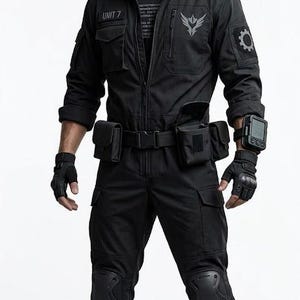 Könnte beinhalten: Schwarzer Overall mit mehreren Taschen, Knieschonern und einem Werkzeuggürtel. Das Outfit trägt den Text "UNIT 7" und ein Logo auf der Brust. Die Person trägt schwarze Handschuhe und Stiefel. Eine taktische Uhr ist am linken Handgelenk zu sehen.