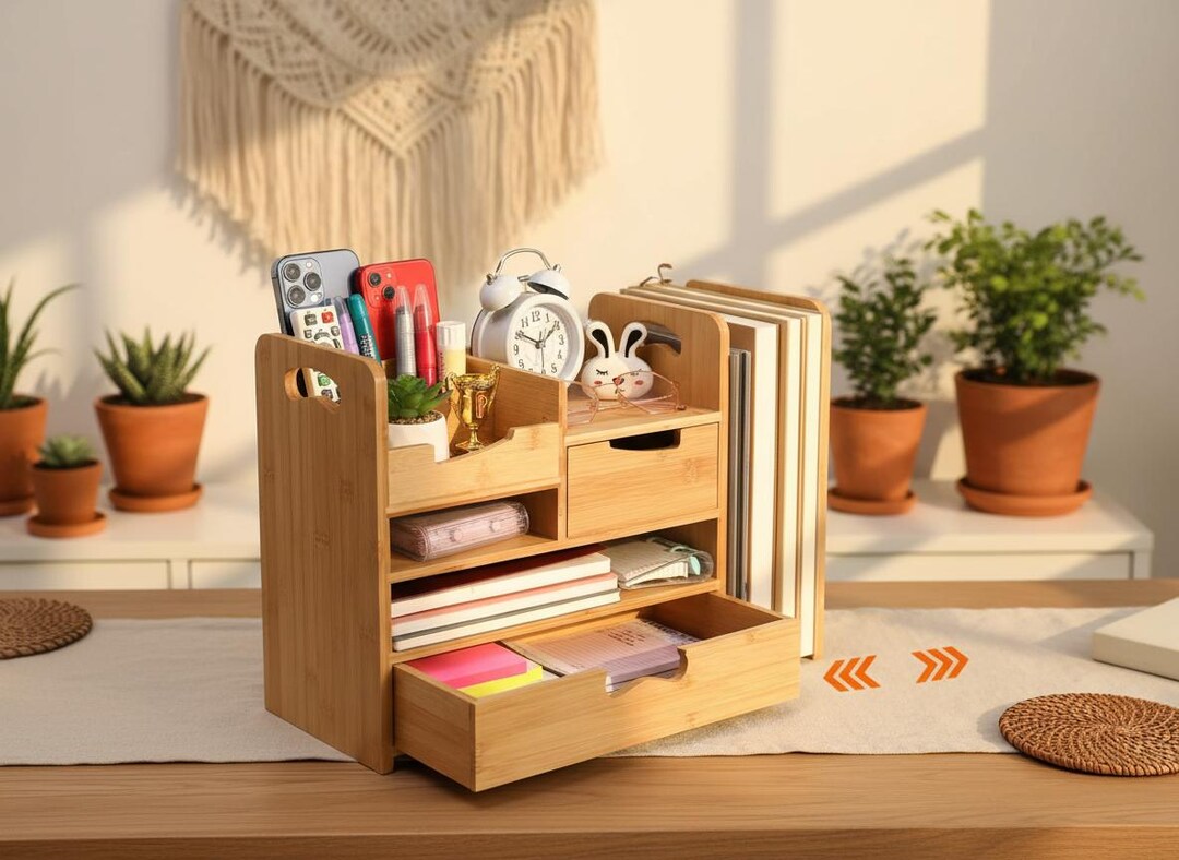 Bamboo Desk Organizer With Adjustable File Holder, Expandable Desktop ...