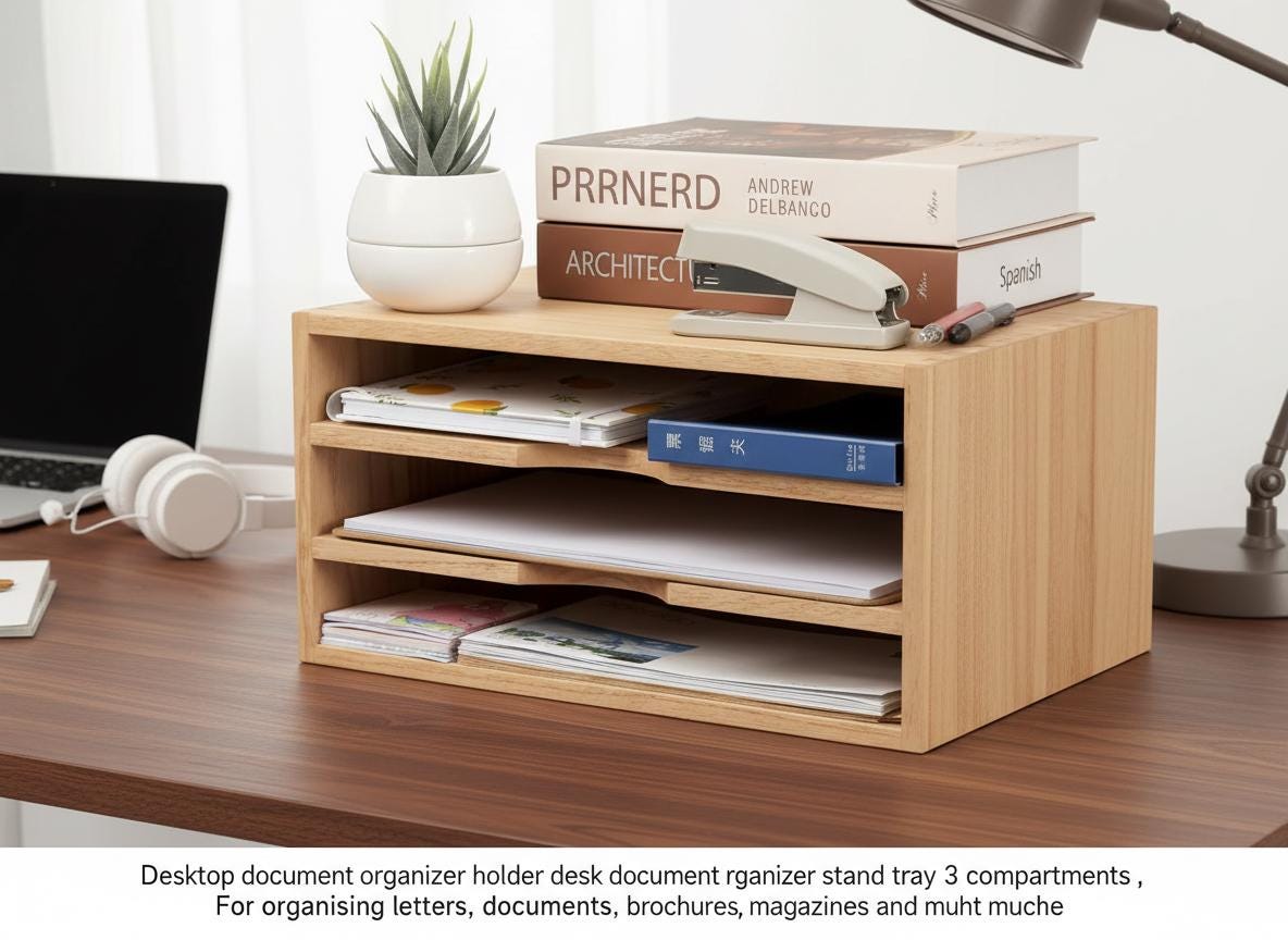 Wooden Desktop Organizer With 3 Tier Letter Trays, Natural Wood Paper ...