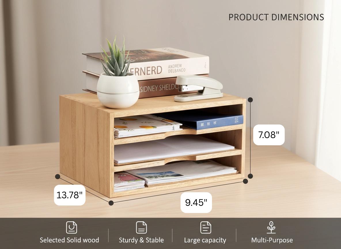 Wooden Desktop Organizer With 3 Tier Letter Trays, Natural Wood Paper ...