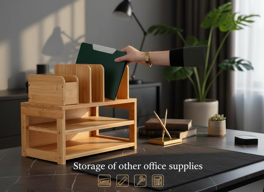3 Tier Bamboo Desk Organizer With File Holder, Adjustable Desktop Paper ...