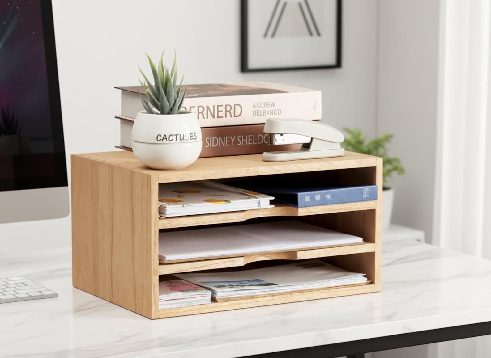 Wooden Desktop Organizer With 3 Tier Letter Trays, Natural Wood Paper ...