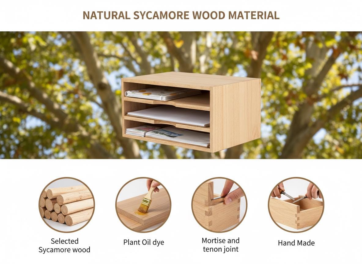 Wooden Desktop Organizer With 3 Tier Letter Trays, Natural Wood Paper ...