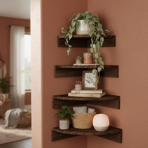 May include: A set of dark wood corner shelves mounted on a peach-colored wall, displaying various decorative items. The shelves hold potted plants, books, a framed picture, a woven basket, and a small lamp. The shelves are arranged in a corner, creating a stylish display.