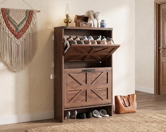 Dark Walnut Shoe Storage, Slim Shoes Cabinet with 2 Flip Drawers, Entryway Shoe Organizer