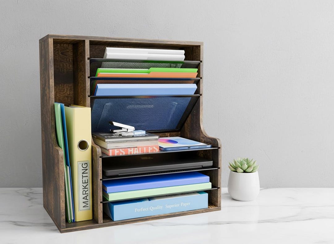 7 Tier Desk File Organizer With Adjustable Shelves, Wooden Desktop ...