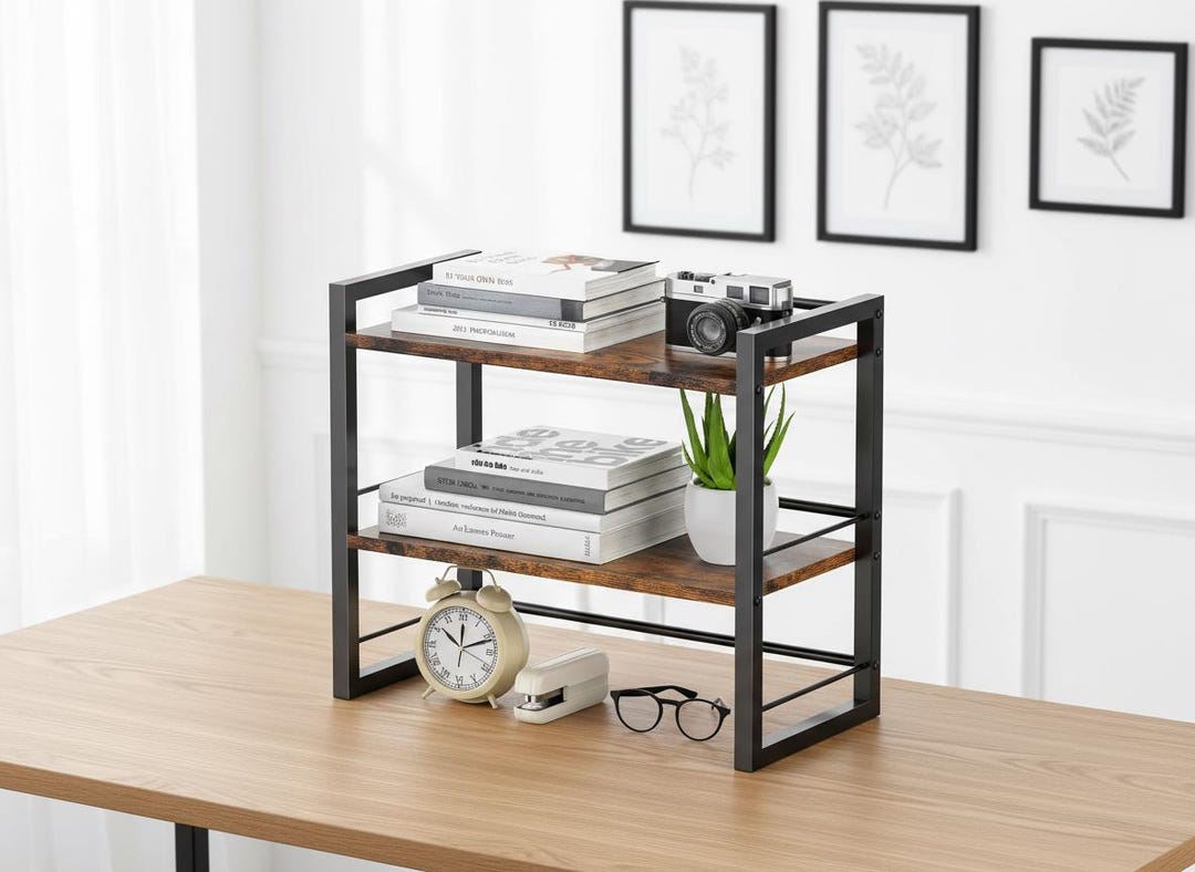 Office Desk Shelf Organizer, 2 Tier Wooden Desktop Bookshelf Storage ...