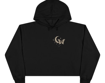 Sudadera corta con capucha ilustrada de luna y polilla / Mariposa de luna creciente espiritual