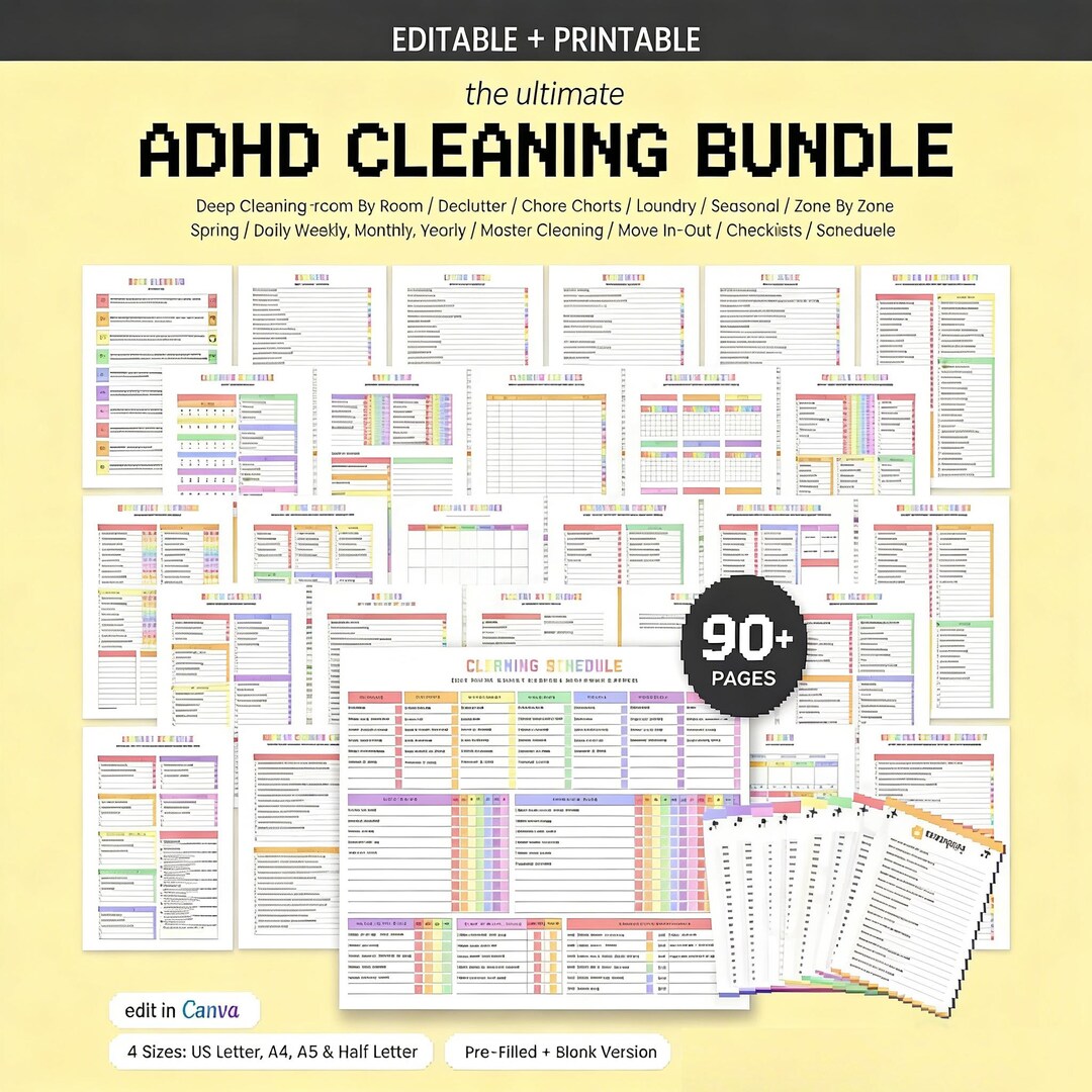 ADHD Cleaning Planner Bundle, Editable Canva Cleaning Checklist, Home ...
