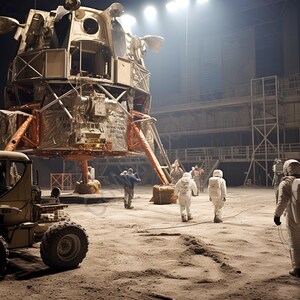 May include: A detailed view of a lunar lander with astronauts in white space suits on a simulated moon surface. The lander is metallic with orange and silver accents. A yellow vehicle is in the foreground.