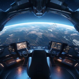 May include: A futuristic spaceship cockpit with a view of Earth. The cockpit has multiple screens, control panels, and a pilot's seat. The scene is lit with blue and orange lighting, creating a sci-fi atmosphere. The Earth is visible in the distance.