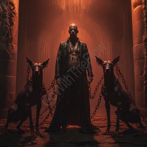 May include: A bald person in a black leather coat stands between two dark-colored dogs, each chained. The scene is set in a dimly lit, reddish-orange environment with stone pillars. The person wears necklaces.