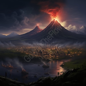 May include: Digital art print of a volcanic landscape with a town nestled at the base of the mountains. The volcanoes erupt with red lava and smoke. The town is lit up with lights, and boats are on the water.