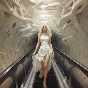 May include: A woman in a white dress walks down an escalator. The dress is sleeveless with a high neckline and a draped skirt with a high slit. The background features abstract white and gray architectural elements.