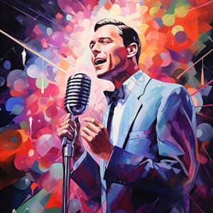 May include: An artistic painting of a man singing into a vintage microphone. He wears a light blue suit with a black bow tie. The background is a vibrant mix of colors, including red, orange, pink, and purple, with abstract shapes and lines.