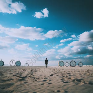 May include: A surreal image of a person walking on a sandy beach towards the ocean. Several large clocks are placed along the beach. The sky is blue with white clouds. The image has the text "Go With The Flow" in the center.
