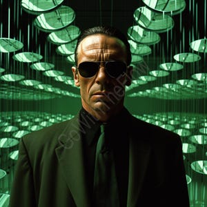 Puede incluir: Un hombre con un traje verde oscuro, gafas de sol negras y corbata a juego. El fondo presenta un entorno futurista iluminado en verde con elementos circulares reflectantes. La imagen tiene un tono cinematográfico y serio.