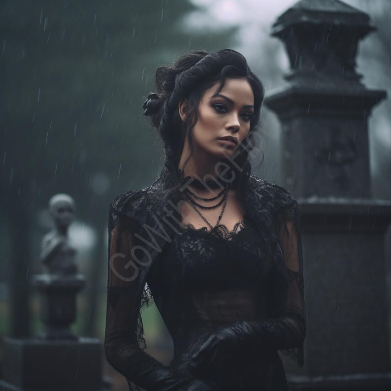 Gothic Victorian Woman Portrait, Dark Academia Cemetery Rain Art Print ...