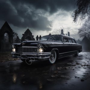 May include: A black vintage hearse with chrome accents and white-walled tires is parked on a wet road. The car is in front of a cemetery with dark, gothic architecture under a cloudy sky. The scene evokes a sense of mystery and the macabre.
