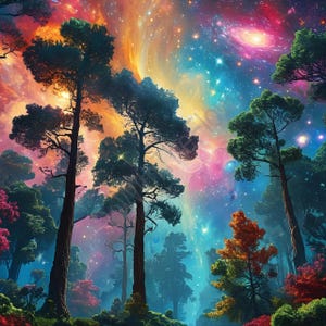 May include: A digital art print depicting tall trees with dark green foliage against a backdrop of a swirling, colourful galaxy. The artwork uses blues, pinks, oranges, and greens, creating a dreamy, otherworldly landscape.