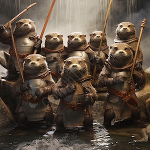 May include: A group of seven otters dressed in medieval armor, holding spears. The otters have brown fur and are standing in a shallow stream with a waterfall in the background. The armor is silver and brown, with red accents.