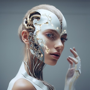 May include: A futuristic portrait of a person with a white, metallic face mask and cybernetic enhancements. The mask has a cracked design with glowing accents. Mechanical components are visible on the side of the face and neck, with a white sleeveless top.