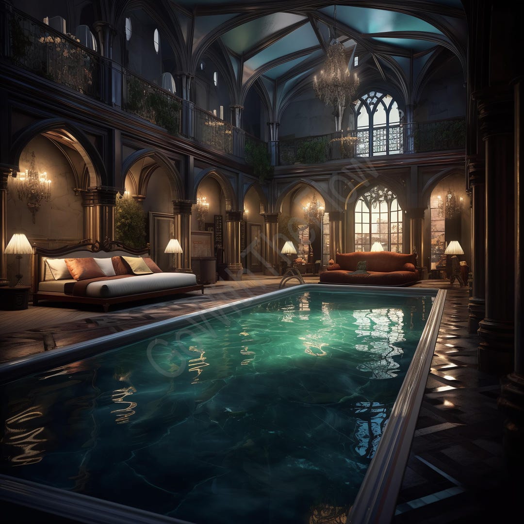 Gothic Indoor Pool Bedroom Art | Dark Academia Mansion Printable Decor ...