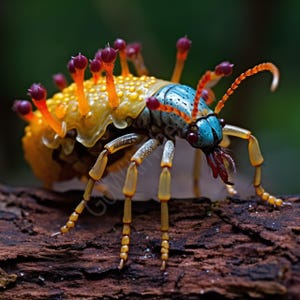 May include: A close-up of a vibrant insect with a yellow and orange body, covered in small bumps. The insect has a blue head and red eyes. It is resting on a piece of dark brown wood.