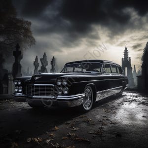 May include: A black vintage hearse with chrome accents parked on a wet road in a cemetery. The car has multiple headlights and a distinctive front grille. The background features tombstones and a dark, overcast sky.