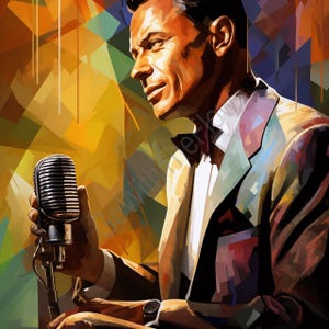 May include: A digital art print of a man in a suit holding a vintage microphone. The artwork features a colorful, geometric background with shades of yellow, orange, and green. The man is wearing a suit, a white shirt, and a bow tie.